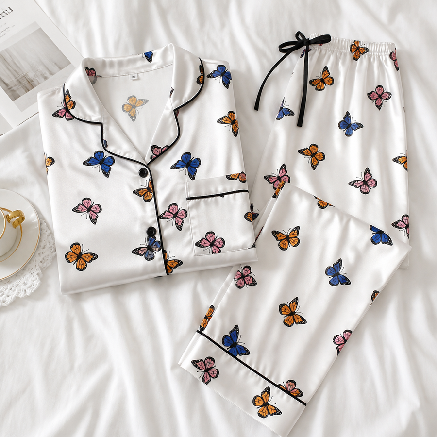 Butterfly print satin pyjama set laid flat on white bed linen, shirt and pants