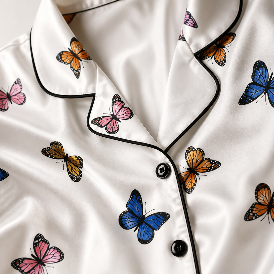 Close-up of the satin butterfly print, notch collar and black contrast piping