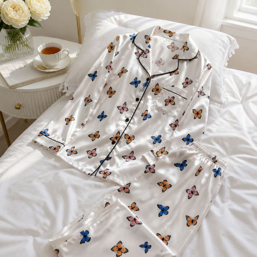 Butterfly satin pyjama set draped across a white bed in morning light
