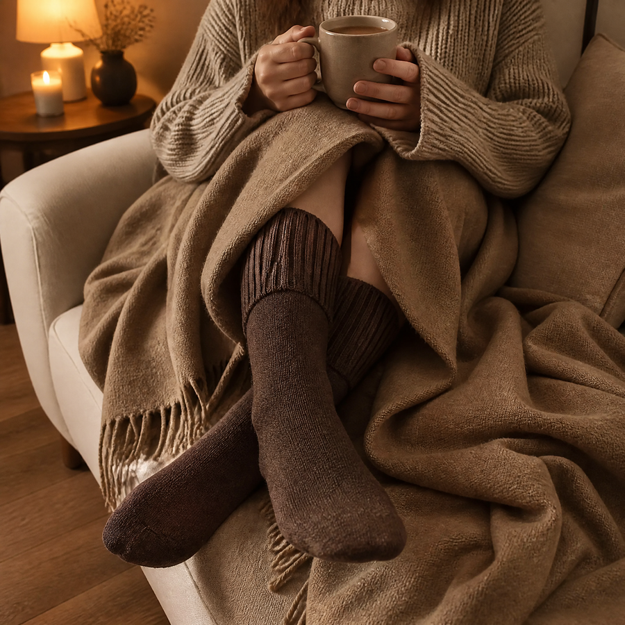 Cozy Autumn brown wool socks on a sofa with a camel blanket and a mug of tea