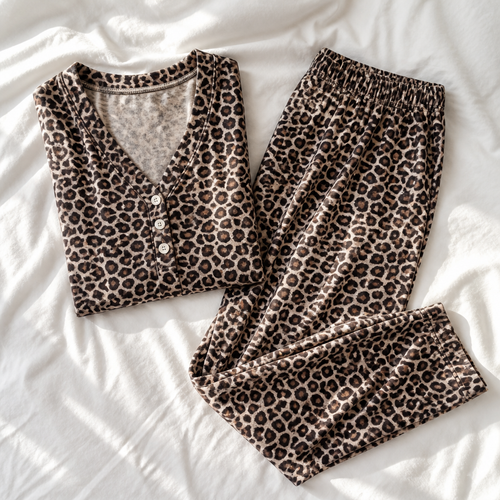 Leopard print pyjama set folded flat on white bed linen, top and pants