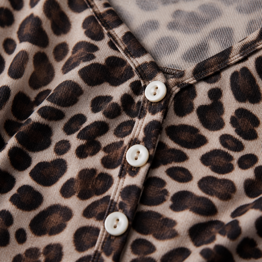 Close-up of the leopard print knit fabric and the V-neck button placket