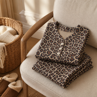 Leopard print pyjama set folded on a linen armchair beside a basket and slippers