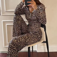 Leopard print long-sleeve pyjama set with V-neck button placket and full-length pants